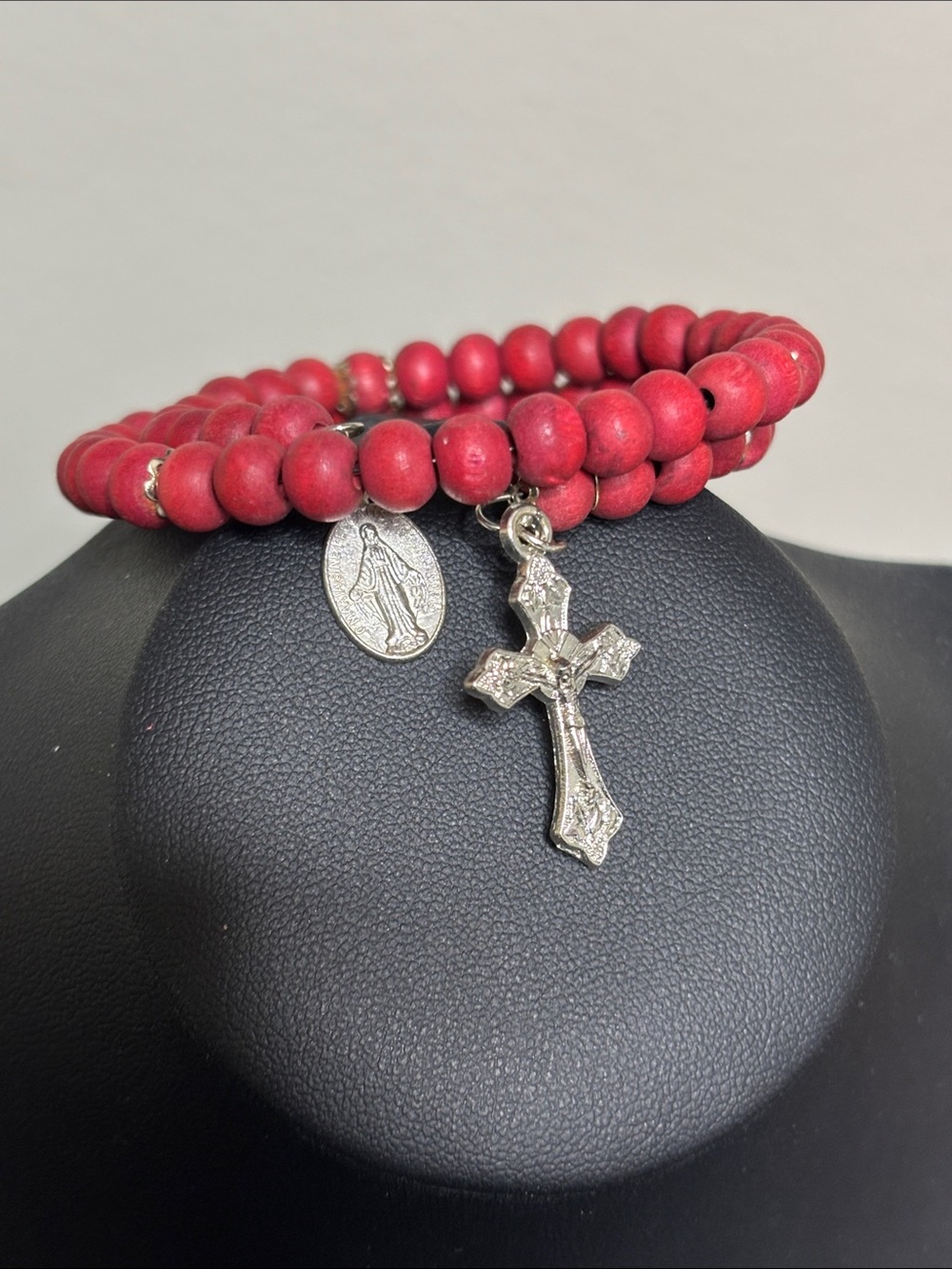Red Beaded Rosary Wrap Wood Bracelet with Cross Charm One Size
